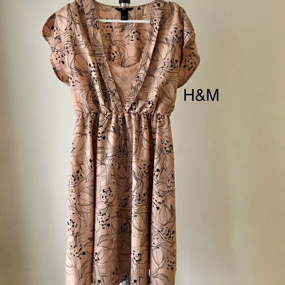 H&m Dusty Rose Lace Front Midi Dress Sz 10 - Picture 2 of 7